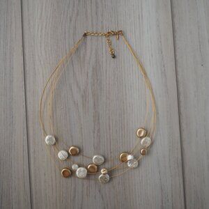 Vintage Avon Layered Gold Wire Necklace with Faux Cream and Brown Pearl Beads